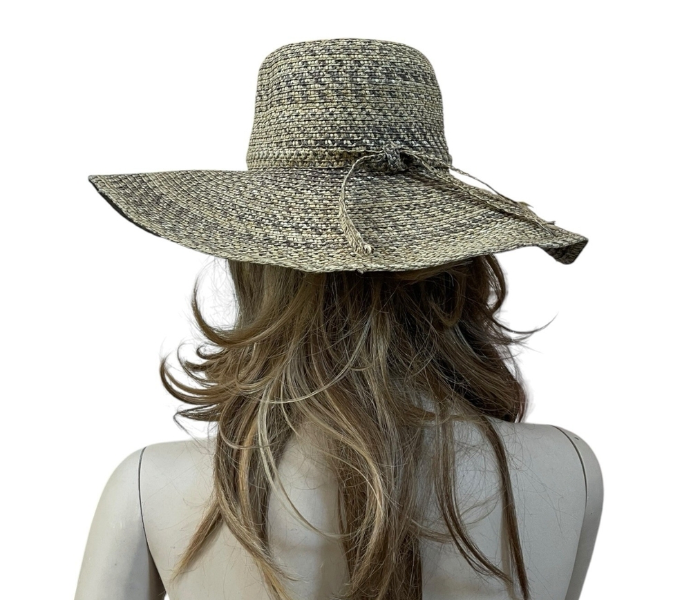 David & Young Wide Brim Floppy Sun Hat Paper Straw Mixed Tweed Natural Gray VG - Picture 8 of 9